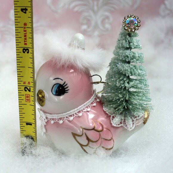 Pink Bird Bottle Brush Tree Ornament: Pink Christmas Retro Vintage Style - Picture 8 of 8